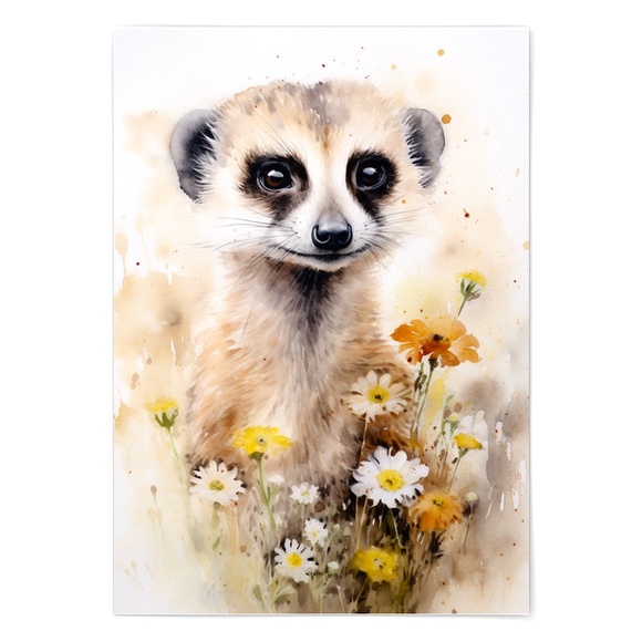 Watercolor Meerkat With Flowers Portrait Wall Art Illustration Print Unframed - Picture 2 of 5